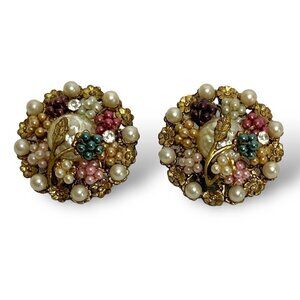 Vintage Clip Earrings Floral Multicolor Goldtone Filagree